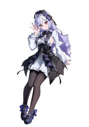 Rule 34 | 1girl, absurdres, black bow, black bowtie, black hairband, black nails, black pantyhose, bow, bowtie, breasts, center frills, drill hair, frills, full body, gem, hairband, hand up, high heels, highres, kurosti, long hair, long sleeves, looking at viewer, mole, mole under eye, pantyhose, pointy ears, purple bow, purple bowtie, purple gemstone, purple hair, purple shoes, red eyes, shoes, sideboob, sidelocks, simple background, solo, vivian banshee, white background, zenless zone zero