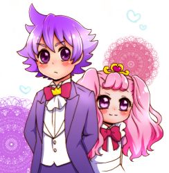 1boy 1girl apron aroma_(go!_princess_precure) aroma_(go!_princess_precure)_(human) bow bowtie brother_and_sister dress formal_clothes go!_princess_precure kurosaki_iroha official_style personification pink_hair precure puff_(go!_princess_precure) puff_(go!_princess_precure)_(human) siblings suit traditional_bowtie
