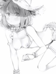 1girl absurdres ass bangle bent_over bikini blush bracelet breasts choker fingernails greyscale hat highres himemori_luna himemori_luna_(8th_costume) hololive jewelry looking_at_viewer lowleg lowleg_bikini medium_hair monochrome nanashi_(nlo) nipples simple_background solo star_(symbol) star_bracelet star_choker sun_hat swimsuit thigh_strap virtual_youtuber