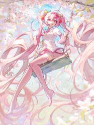 1girl absurdly_long_hair absurdres bare_shoulders boots breasts bujiatang72 cherry_blossoms cherry_hair_ornament collared_shirt detached_sleeves floating_hair flower food-themed_hair_ornament full_body hair_between_eyes hair_ornament hatsune_miku headset highres long_hair looking_at_viewer necktie open_mouth outdoors petals pink_eyes pink_flower pink_hair pink_necktie pink_skirt pink_sleeves pink_theme pink_thighhighs pleated_skirt sakura_miku shirt sitting skirt sleeveless sleeveless_shirt smile solo swing tattoo thigh_boots thighhighs twintails very_long_hair vocaloid white_shirt zettai_ryouiki