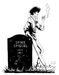 1boy alternate_hair_color artist_name black_eyes black_hair character_name cigarette closed_mouth commentary cowboy_bebop d2071art english_commentary english_text flower formal_clothes full_body greyscale hand_in_pocket high_collar holding holding_cigarette inktober long_sleeves male_focus monochrome outdoors sad short_hair smile smoke solo spike_spiegel spiked_hair standing suit tombstone