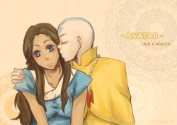 1boy 1girl aang avatar:_the_last_airbender avatar_legends blush couple dark_skin hetero katara kiss nickelodeon surprised
