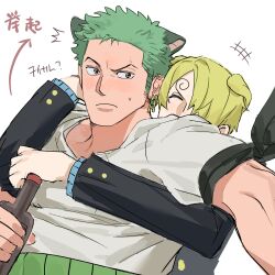 Rule 34 | 2boys, absurdres, animal ears, bandana, bandana around arm, black bandana, black jacket, blonde hair, blush, bottle, cat ears, closed eyes, closed mouth, curly eyebrows, dog ears, earrings, green hair, hair over one eye, highres, holding, holding bottle, hug, hug from behind, jacket, jewelry, long sleeves, male focus, multiple boys, one piece, roronoa zoro, sanji (one piece), shirt, short hair, simple background, sweatdrop, sweetdou3, upper body, white background, white shirt