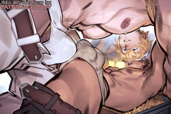 2boys abs artist_name bara blonde_hair blue_eyes brown_male_underwear bulge commentary english_commentary erection erection_under_clothes gepard_landau honkai:_star_rail honkai_(series) male_focus male_underwear multiple_boys muscular muscular_male nipples paid_reward_available pectorals sweat topless_male underwear white_male_underwear yaoi zl444y