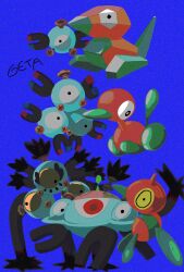 01coil blue_background creatures_(company) evolutionary_line floating full_body game_freak gen_1_pokemon gen_2_pokemon gen_4_pokemon gen_9_pokemon highres looking_at_viewer looking_to_the_side magnemite magneton magnezone nintendo no_humans no_mouth pokemon pokemon_(creature) porygon porygon-z porygon2 red_eyes sandy_shocks simple_background