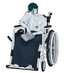 1boy absurdres blanket book commentary_request full_body highres holding holding_book maelo male_focus meguriya_ayumu shirt shoes short_hair short_sleeves simple_background sitting sleeping solo toshi_densetsu_kaitai_center triangle_necklace wheelchair white_background white_shirt white_shoes