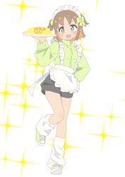 1girl :d absurdres alternate_costume apron black_shorts blush bow brown_hair colored_inner_hair commentary frilled_apron frills full_body green_bow green_eyes green_jacket hair_bow hand_on_own_hip highres jacket jersey_maid long_sleeves looking_at_viewer loose_socks maid maid_apron maid_headdress multicolored_hair oka_asahi onii-chan_wa_oshimai! open_mouth orange_hair plate short_hair short_shorts shorts simple_background smile socks solo sparkle_background standing standing_on_one_leg track_jacket turtleneck turtleneck_jacket two-tone_hair two_side_up unconventional_maid waist_apron wall228090611 white_apron white_background