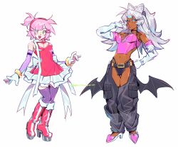 2girls amy_rose arm_behind_head bare_shoulders bat_wings belt black_belt black_panties black_pants blue_eyeshadow blush boots bracelet breasts chaps cleavage cleavage_cutout clothing_cutout crop_top crotchless crotchless_pants dark-skinned_female dark_skin dress earrings elbow_gloves eyeshadow frilled_dress frills frown full_body gloves gold_bracelet green_eyes grey_hair hair_horns hairband half-closed_eyes hand_in_own_hair hand_on_own_hip hand_up heart heart_cutout high_heel_boots high_heels highres humanization jewelry knee_boots long_eyelashes long_hair looking_at_viewer low_wings makeup medium_breasts multiple_girls multiple_necklaces necklace open_mouth panties pants pink_hair pink_lips pink_shirt platform_heels ponytail purple_thighhighs red_boots red_dress red_hairband ribbon rouge_the_bat shirt short_dress short_hair short_ponytail side_ponytail smile sonic_(series) sparrowcrit sphere_earrings standing strapless strapless_shirt teeth thighhighs underwear upper_teeth_only v-shaped_eyebrows white_gloves white_ribbon wings