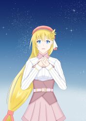 Rule 34 | 1girl, absurdres, agnes claudel, blonde hair, blue eyes, breasts, bun with braided base, eiyuu densetsu, hair between eyes, hair bun, highres, interlocked fingers, kai no kiseki, kuro no kiseki (series), long hair, low-tied long hair, medium breasts, night, night sky, open mouth, satukijou, single side bun, sky, solo, star (sky), starry sky, upper body