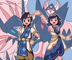 Rule 34 | 1boy, 1girl, :d, arm up, armpits, belt, black eyes, black hair, blue background, bracelet, dress, elio (champion) (pokemon), elio (pokemon), eyelashes, gen 7 pokemon, hand on own hip, happy, hashtag-only commentary, headband, highres, jewelry, legendary pokemon, medium hair, necrozma, necrozma (dawn wings), necrozma (dusk mane), nintendo, official alternate costume, open mouth, outline, pokemon, pokemon (creature), pokemon masters ex, selene (champion) (pokemon), selene (pokemon), smile, tongue, tyako 089