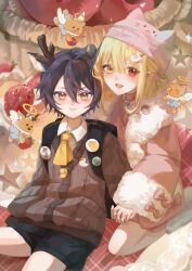 1boy 1girl animal_collar animal_ears animal_hands animal_hat antlers backpack badge bag bilibili_1907584 black_hair blonde_hair blush bow brown_sweater button_badge cat_hair_ornament cat_hat cat_paws cherry chinese_commentary coat collar commentary_request deer_ears facing_viewer food fruit fur_trim hair_between_eyes hair_ornament hat heterochromia highres holding_hands horns indie_virtual_youtuber interlocked_fingers kaofish kneeling long_bangs long_sleeves looking_at_viewer lutou name_tag necktie open_mouth pink_bow pink_coat pink_sweater red_eyes shorts sitting sleeves_past_wrists smile socks star_(symbol) strawberry sweater whistle whistle_around_neck white_socks yellow_eyes yellow_necktie