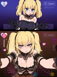 1girl :d absurdres ani_(xai) arm_strap artist_name bare_shoulders before_and_after black_gloves blonde_hair blue_eyes bongfill breasts choker cleavage commentary frown gloves goth_fashion hair_between_eyes heart highres lace lace-trimmed_choker lace-trimmed_gloves lace_trim large_breasts long_hair open_mouth red_pupils smile symbol-only_commentary twintails twitter xai_(company)