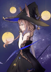 1girl absurdres ambience_synesthesia amiya_(arknights) amiya_(medic)_(arknights) amiya_(medic)_(solo_around_the_world)_(arknights) animal_ears arknights bare_shoulders black_dress black_gloves black_hat blue_eyes blue_hat bow_(music) braid brown_hair cowboy_shot dress dyyy ears_through_headwear finger_to_mouth frilled_hat frills from_side gloves hair_ornament half_gloves hat highres holding holding_bow_(music) long_hair profile shushing solo standing star_(sky) starry_sky_background thread two-sided_fabric two-sided_headwear witch_hat