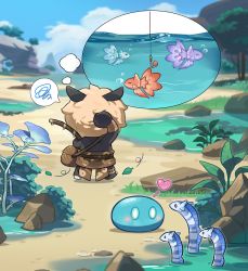 blush chibi fish fishing_rod genshin_impact highres hilichurl_(genshin_impact) holding holding_fishing_rod official_art outdoors slime_(creature) slime_(genshin_impact) tribal