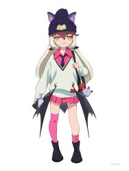 Rule 34 | 1girl, absurdres, amate yuzuriha, animal ears, bag, bat ears, bat girl, bat wings, beleven, boots, brown eyes, brown hair, brown long-eared bat (kemono friends), cardigan, cellphone, extra ears, grey hair, gundam, gundam gquuuuuux, hat, highres, kemono friends, kemono friends v project, long hair, looking at viewer, multicolored hair, necktie, parody, phone, poporu (kemono friends), school bag, school uniform, shirt, simple background, skirt, smartphone, streaked hair, stuffed toy, thighhighs, virtual youtuber, wings