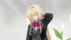 5girls amaori_renako animated bathroom blonde_hair blue_eyes classroom clinging cuddling english_text indoors multiple_girls ouzuka_mai pink_hair purple_eyes school school_uniform skirt subtitled tagme video watashi_ga_koibito_ni_nareru_wake_naijan_murimuri! yuri