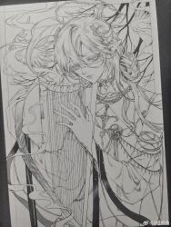 1boy absurdres bare_pectorals bird bishounen branch choker closed_mouth collared_shrug commentary cowboy_shot cross cross_necklace expressionless eyelashes fingernails hair_between_eyes harp hashtag-only_commentary high_collar highres hongyouyu1 instrument jewelry lips long_hair long_sleeves male_focus marking_on_cheek music necklace nib_pen_(medium) nipples original pants pectorals pen_(medium) photoshop_(medium) playing_instrument pointy_ears see-through_clothes see-through_sleeves shrug_(clothing) smoke solo stomach traditional_media watermark weibo_watermark