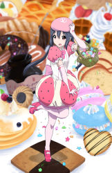 1girl :o absurdres basket black_hair cake candy checkerboard_cookie cherry cookie donut elbow_gloves female_focus food food-themed_clothes fruit gloves hand_on_headwear hat heart highres in_food k-on! konpeitou leg_up macaron mini_person minigirl nakano_azusa oku_no_shi oversized_object pancake pink_gloves pink_legwear red_eyes solo standing standing_on_one_leg star_(symbol) twintails waffle