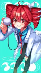 Rule 34 | 1girl, :d, absurdres, ahoge, aqua background, aqua shirt, bent over, black pants, blurry, bow, breasts, brown shoes, coat, collared shirt, depth of field, drill hair, fingernails, full body, grin, hair between eyes, highres, holding, holding stethoscope, id card, igaku (utau), izzu, kasane teto, kasane teto (sv), lab coat, lanyard, light blush, loafers, long sleeves, looking at viewer, necktie, open clothes, open coat, open mouth, pants, red eyes, red hair, red necktie, reference inset, ribbon, shirt, shoes, short hair, small breasts, smile, solo, standing, stethoscope, synthesizer v, twin drills, utau, white bow, white coat, white ribbon