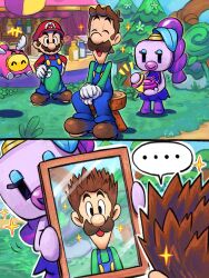 ... 1girl 2boys beak blue_overalls boots bottle brown_boots brown_hair closed_eyes colored_skin commentary dress facial_hair gloves grass green_hat green_shirt hat highres holding holding_mirror holding_unworn_clothes holding_unworn_hat looking_at_mirror luigi mario mario_&amp;_luigi:_brothership mario_&amp;_luigi_rpg mario_(series) masanori_sato_(style) mirror multiple_boys mustache nintendo open_mouth overalls purple_dress purple_hair purple_skin red_hat red_shirt shirt short_hair sitting snoutlet_(mario) sparkle speech_bubble spiralia_(mario) standing stool tree unworn_hat unworn_headwear white_gloves ya_mari_6363