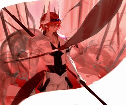 1boy absurdres aotu_world black_shirt blood collarbone cowboy_shot cropped_jacket gloves goggles goggles_on_head hair_between_eyes headgear highres holding holding_polearm holding_weapon jacket looking_at_viewer male_focus pants pectoral_cleavage pectorals pius_(aotu_world) planted planted_polearm polearm red_eyes red_hair red_ribbon red_theme ribbon scar scar_on_face shirt short_hair solo spear v-neck waterrice11 weapon white_gloves white_jacket white_pants