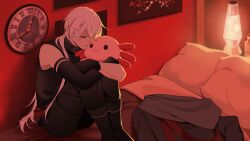 1boy a_date_with_death against_wall analog_clock axolotl bedroom black_boots black_gloves boots clock crying crying_with_eyes_open curled_up elbow_gloves full_body gloves hair_between_eyes highres holding holding_stuffed_toy hugging_own_legs indoors jacket jellyfish_cut lava_lamp long_hair male_focus non-web_source official_art pillow poster_(object) single_elbow_glove solo stuffed_toy tearing_up tears unworn_jacket very_long_hair white_hair