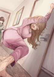 2girls almond_yuri black_bra blonde_hair bra breasts female_focus have_to_pee highres long_hair multiple_girls one_eye_closed open_mouth original pajamas pee pee_stain peeing peeing_self pink_pajamas puddle sweat underwear wet wet_clothes