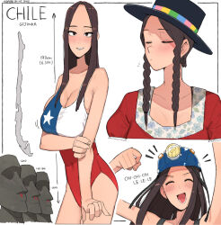 1girl black_hat blue_helmet breasts brown_eyes brown_hair chile_(ohasi) chilean_flag_print closed_eyes covered_navel flag_print hat helmet long_hair moai ohasi one-piece_swimsuit open_mouth original print_one-piece_swimsuit swimsuit