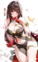 1girl ahoge aliasing arm_support blurry blush breasts brown_hair bug butterfly cleavage closed_mouth clothing_cutout colored_extremities colored_skin commentary criss-cross_straps depth_of_field dress fantongjun gold_thighlet gradient_skin hair_intakes hair_ornament highres honkai:_star_rail honkai_(series) insect jewelry jpeg_artifacts large_breasts lingsha_(honkai:_star_rail) long_hair looking_at_viewer navel navel_cutout orange_butterfly paid_reward_available pelvic_curtain red_hands red_skin simple_background solo stomach stomach_cutout tassel tassel_hair_ornament thighlet white_background yellow_eyes