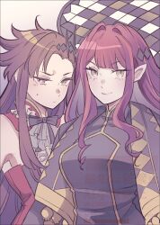 2girls baobhan_sith_(fate) baobhan_sith_(fate)_(cosplay) black_dress breasts brown_eyes cosplay costume_switch datoniosoutyou2 dorothea_coyett dorothea_coyett_(cosplay) dress fate/grand_order fate/samurai_remnant fate_(series) frilled_dress frills highres long_hair looking_at_viewer medium_breasts multiple_girls pink_hair pointy_ears red_dress sidelocks smile