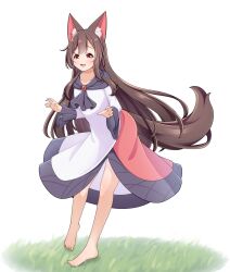 1girl animal_ear_fluff animal_ears barefoot blush brown_hair commentary_request dress full_body grass hashi2387 highres imaizumi_kagerou long_hair long_sleeves looking_at_viewer open_mouth red_brooch red_eyes smile solo standing tail touhou white_background white_dress wolf_ears wolf_girl wolf_tail