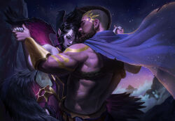 1boy 1girl absurdres angel_wings black_hair cloud commission couple dancing highres ki3pick league_of_legends morgana_(league_of_legends) non-web_source pantheon_(league_of_legends) star_(sky) wings
