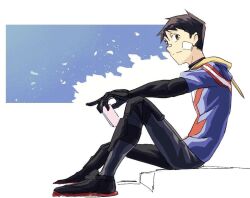 1boy bandage_on_face bandages black_gloves black_hair black_shoes bodysuit boku_no_hero_academia brown_eyes fareya gloves haimawari_kouichi hood hood_down male_focus shoes short_hair sitting solo vigilante_-boku_no_hero_academia:_illegals-