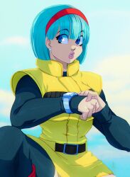 1girl belt black_sleeves blue_eyes blue_hair blue_sky blurry blurry_background bulma cloud cloudy_sky dragon_ball dragonball_z earrings eyes_visible_through_hair fringe_trim hair_over_eyes hairband jacket jewelry lipstick long_sleeves looking_to_the_side makeup padded_shoulders pink_lips red_hairband short_hair shoulder_pads sky thighhighs tovio_rogers watch wristwatch yellow_jacket