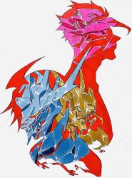 2boys green_eyes grey_background gundam gundam_barbatos gundam_flauros gundam_gusion_rebake gundam_tekketsu_no_orphans highres looking_at_viewer looking_down looking_up mecha mikazuki_augus mobile_suit multiple_boys oobari_masami orga_itsuka robot science_fiction silhouette v-fin
