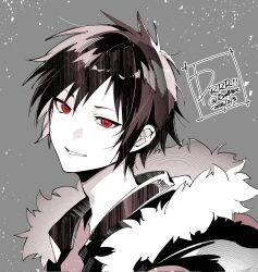 1boy copyright_name dated durarara!! eromkk fur-trimmed_hood fur_trim grey_background greyscale hair_behind_ear highres hood hooded_jacket jacket looking_at_viewer male_focus monochrome orihara_izaya parted_bangs red_eyes smile solo spot_color teeth twitter_username upper_body