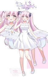 Rule 34 | 1girl, :d, \||/, alternate costume, alternate hairstyle, angel wings, aqua hair, arm at side, bare arms, bare shoulders, blue archive, blunt bangs, blush, breasts, collarbone, commentary, crescent ornament, dress, eyelashes, feathered wings, flower, frilled dress, frills, full body, gradient hair, hair flower, hair ornament, hair scrunchie, halo, halterneck, hand up, happy, highres, large breasts, long hair, looking at viewer, low wings, mary janes, mika (blue archive), multicolored hair, no socks, omochi (rimulovemiku), open mouth, pink hair, pink halo, purple flower, purple scrunchie, scrunchie, shoes, sidelocks, simple background, sleeveless, sleeveless dress, smile, solo, spaghetti strap, standing, straight hair, twintails, very long hair, watermark, waving, white background, white dress, white shoes, white wings, wings, yellow eyes, zoom layer