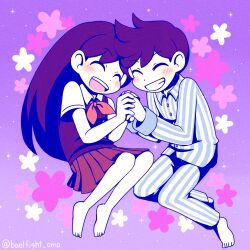 Rule 34 | 1boy, 1girl, :d, ^ ^, barefoot, blue pants, blue shirt, blush, brown skirt, buttons, closed eyes, collared shirt, colored skin, commentary request, deformed, double-parted bangs, face-to-face, forehead-to-forehead, full body, grin, hair behind ear, hair between eyes, heads together, hero (headspace) (omori), hero (omori), holding hands, jumping, long hair, mari (headspace) (omori), mari (omori), medium skirt, miya (baelfight), neckerchief, omori, open mouth, pants, pleated skirt, purple background, purple hair, purple sweater vest, red neckerchief, shirt, short hair, short sleeves, simple background, skirt, smile, sparkle, star (symbol), star symbol background, straight hair, striped clothes, striped pants, striped shirt, sweater vest, teeth, tongue, twitter username, two-tone pants, two-tone shirt, upper teeth only, vertical-striped clothes, vertical-striped pants, vertical-striped shirt, very long hair, very short hair, white pants, white shirt, white skin