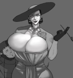 1boy 1girl alcina_dimitrescu beard black_gloves black_hair black_lips breasts bursting_breasts cleavage collarbone cowboy_shot dress earrings eyelashes face_to_breasts facial_hair flower gigantic_breasts gloves half-closed_eyes happy hat head_grab highres holding holding_smoking_pipe huge_breasts jewelry lipstick looking_at_another makeup mature_female necklace no_pupils open_mouth pearl_necklace resident_evil resident_evil_village rose shiny_clothes shiny_skin short_hair size_difference smile smoking_pipe strangehero tall_female teeth upper_teeth_only vampire