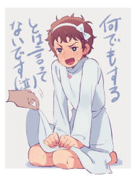 1boy alternate_costume amuro_ray black_eyes blush bow brown_hair clothes_lift cross cross_necklace crossdressing gundam hair_bow hairband jewelry kneeling lifting_another&#039;s_clothes mobile_suit_gundam namihaya necklace skirt skirt_hold skirt_lift solo tears