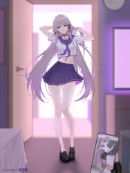 1boy 1girl alternate_costume annotated arms_up artist_name bare_legs bedroom black_choker black_gloves black_shoes breasts brown_hair caelus_(honkai:_star_rail) cellphone choker crop_top crop_top_overhang cropped_shirt fingerless_gloves full_body gloves gradient_hair hair_ribbon hands_in_own_hair herta_(honkai:_star_rail) highres holding holding_phone honkai:_star_rail honkai_(series) indoors jewelry key key_necklace legs loafers long_hair looking_at_viewer making-of_available medium_breasts midriff missing_commentary multicolored_hair navel neckerchief necklace paid_reward_available parted_lips phone pleated_skirt pov pov_hands purple_eyes purple_hair purple_neckerchief purple_ribbon purple_sailor_collar purple_skirt ribbon sailor_collar school_uniform serafuku shirt shoes skirt smartphone solo_focus the_herta_(honkai:_star_rail) thighhighs thighs trailblazer_(honkai:_star_rail) very_long_hair white_shirt yunkaiming zettai_ryouiki