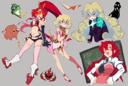 2girls :o aged_up ahoge antispiral antispiral_nia armlet belt bespectacled big_hair bikini bikini_top_only black_bikini black_bodysuit black_gloves black_necktie black_shorts blonde_hair blue_eyes bodysuit boota_(ttgl) boots bracelet breasts bullet chalkboard closed_mouth commentary core_drill cropped_torso cross-shaped_pupils dark_persona dress eccomicco elbow_gloves english_commentary fine_art_parody flame_print glasses gloves grey_background hair_between_eyes hair_ornament hair_stick hands_on_own_hips high_ponytail highres index_finger_raised jewelry juliet_sleeves kamina_shades knee_boots large_breasts long_hair long_sleeves looking_back looking_to_the_side multiple_girls multiple_views necktie nia_teppelin open_mouth orange-tinted_eyewear parody pink_dress pink_scarf pink_thighhighs ponytail puffy_sleeves red_footwear red_hair red_necktie scarf short_hair short_shorts shorts simple_background single_elbow_glove single_glove skull_hair_ornament smile spiked_bracelet spikes split_mouth striped_clothes striped_scarf swimsuit symbol-shaped_pupils teacher tengen_toppa_gurren_lagann the_scream thighhighs thighhighs_under_boots tinted_eyewear very_long_hair white_belt white_footwear yellow_eyes yoko_littner yomako