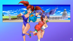 1990s_(style) 2021 2girls absurdres blue_eyes breasts commentary english_commentary highres multiple_girls open_mouth original red_hair retro_artstyle system_st91 tongue tongue_out twintails