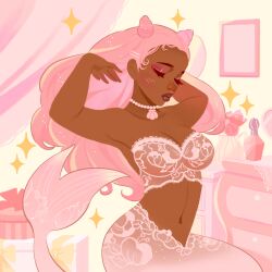 1girl adjusting_hair arms_up bare_shoulders blush bottle bra breasts chest_of_drawers closed_eyes dark_skin eyeshadow gift highres indoors jewelry lace lace_bra lipstick long_hair makeup medium_breasts mermaid monster_girl necklace original perfume_bottle pink_hair pink_theme pupe_(sennbee1027) shell shell_necklace sparkle underwear very_long_hair