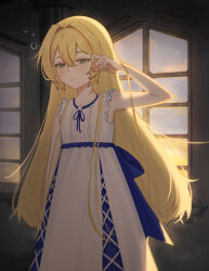 1girl absurdres alternate_costume artist_name back_bow blonde_hair blue_bow blue_ribbon bow center_frills closed_mouth collarbone dokibird_(vtuber) dokibird_(vtuber)_(retro_doki) dress facing_viewer frilled_dress frills green_eyes hair_between_eyes hair_intakes hand_up highres indie_virtual_youtuber indoors kalm_ol long_hair looking_at_viewer ribbon rubbing_eyes sleeveless sleeveless_dress solo standing very_long_hair virtual_youtuber white_dress window