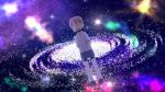 1girl aioi_yuuko animated female_focus galaxy laughing nichijou paper solo sound space spinning star_(sky) video what