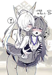 2girls absurdres animal_ears bikini bite_mark blue_archive blush chromatic_aberration female_sensei_(blue_archive) fox_ears grabbing_from_behind groping hair_over_one_eye heart hickey highres jacket kanna_(blue_archive) kanna_(swimsuit)_(blue_archive) lanyard monochrome multiple_girls navel pussy_juice sensei_(blue_archive) senta_(ysk_0218) shorts spoken_heart spot_color swimsuit translation_request untied_bikini yuri