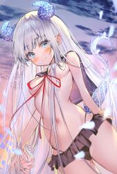 Rule 34 | 1girl, absurdres, bad link, bare arms, breasts, hair over breasts, highres, horns, leaf, looking at viewer, navel, original, smile, wasemkn