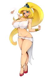 1girl bad_id bad_tumblr_id bare_shoulders belly bird blonde_hair blue_eyes breasts chicken cleavage collarbone cup curvy eris_(grim_adventures) female_focus full_body groin high_heels high_ponytail highres huge_breasts legs long_hair looking_at_viewer midriff navel ponytail puffy_nipples raised_eyebrows shoes slugbox smile solo spoken_food standing sweat teacup the_grim_adventures_of_billy_&amp;_mandy thick_thighs thighs tooth_gap wide_hips