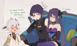 1boy 2girls absurdres armor black_ribbon blue_eyes breasts choker cleavage closed_eyes commentary couch cushion dress elbow_gloves english_commentary english_text genshin_impact gloves green_hair hair_ornament hair_ribbon highres japanese_armor kote kurokote leotard long_hair medium_breasts memeh mona_(genshin_impact) multiple_boys multiple_girls nahida_(genshin_impact) one_eye_closed open_mouth parted_lips pointy_ears purple_hair ribbon scaramouche_(genshin_impact) signature simple_background sleepy thighhighs twintails wanderer_(genshin_impact) white_dress